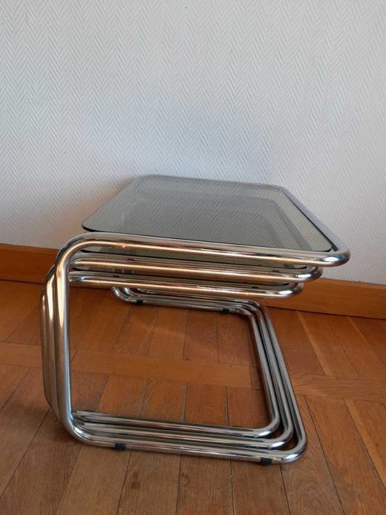 Image 1 of 3 X Vintage Chroom en Rookglas Nesting Tables