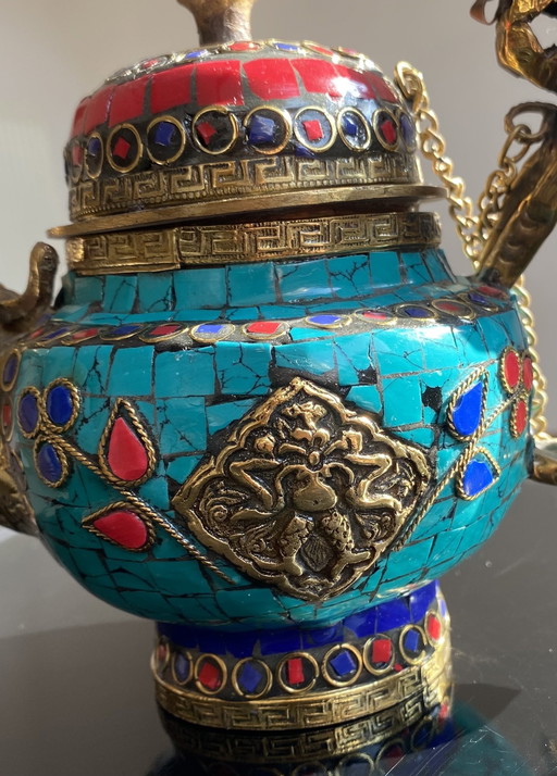 Authentieke Bronzen Theepot Met Edelsteen-Inleg Uit Kashmir