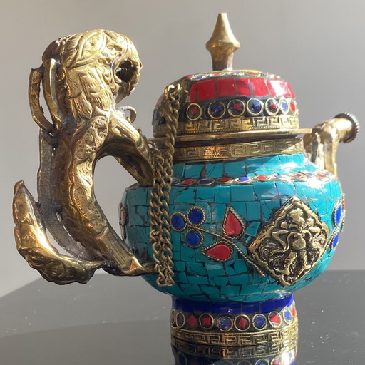 Authentieke Bronzen Theepot Met Edelsteen-Inleg Uit Kashmir