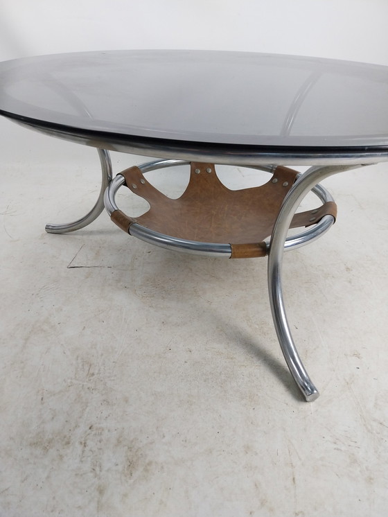 Image 1 of 1 X Spaceage Chroom En Glad Salontafel Met Lederen Lektuurmand 