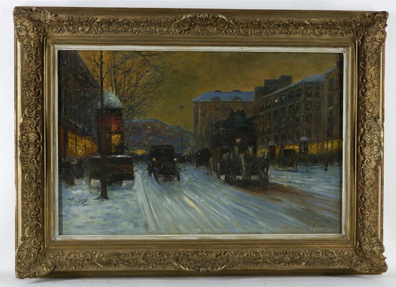 Image 1 of Schilderij - Winterlandschap met paardenkoets te Parijs, gesigneerd Ch. Brionnet