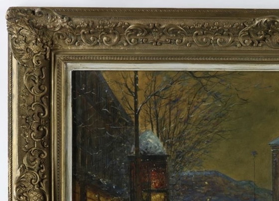 Image 1 of Schilderij - Winterlandschap met paardenkoets te Parijs, gesigneerd Ch. Brionnet