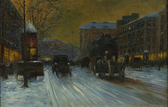 Image 1 of Schilderij - Winterlandschap met paardenkoets te Parijs, gesigneerd Ch. Brionnet