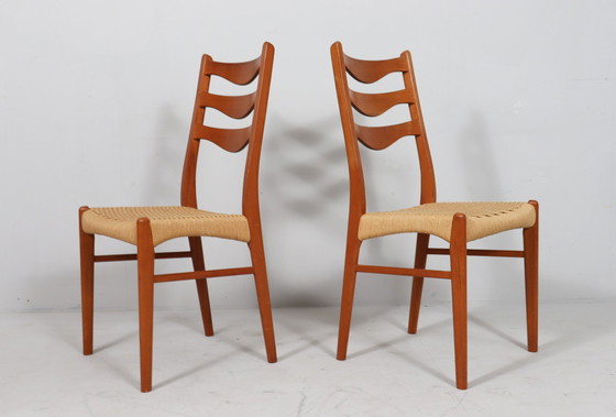 Image 1 of  Glyngøre Stolefabrik van Arne Wahl Iversen, 4 stoelen / eetkamerstoelen, teak, papierkoord, Denemarken, jaren 1960