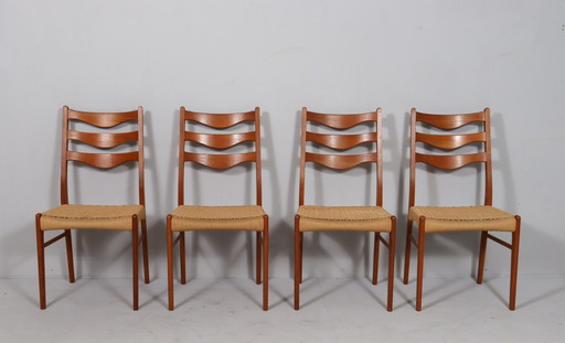  Glyngøre Stolefabrik van Arne Wahl Iversen, 4 stoelen / eetkamerstoelen, teak, papierkoord, Denemarken, jaren 1960