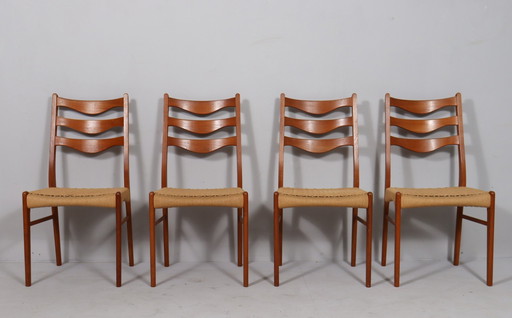  Glyngøre Stolefabrik van Arne Wahl Iversen, 4 stoelen / eetkamerstoelen, teak, papierkoord, Denemarken, jaren 1960