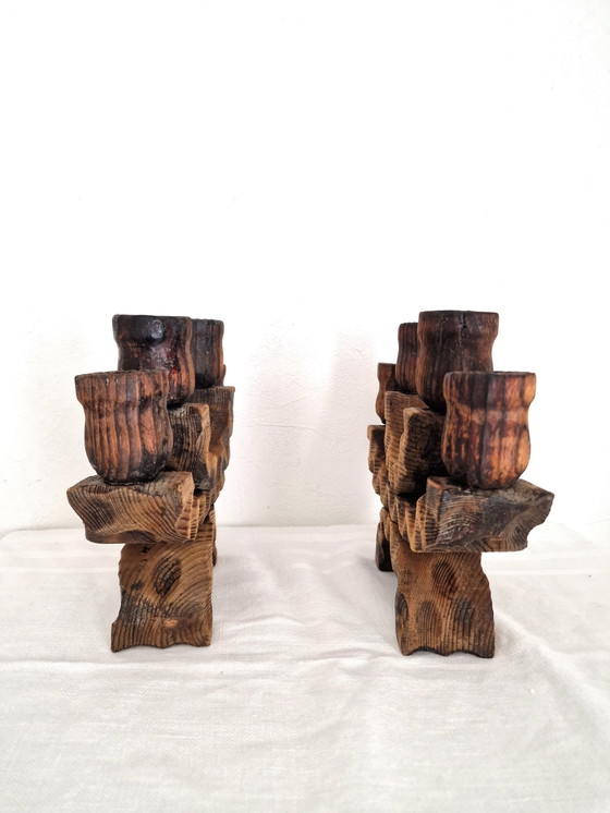 Image 1 of Paar Brutalistische Houten Kandelaars