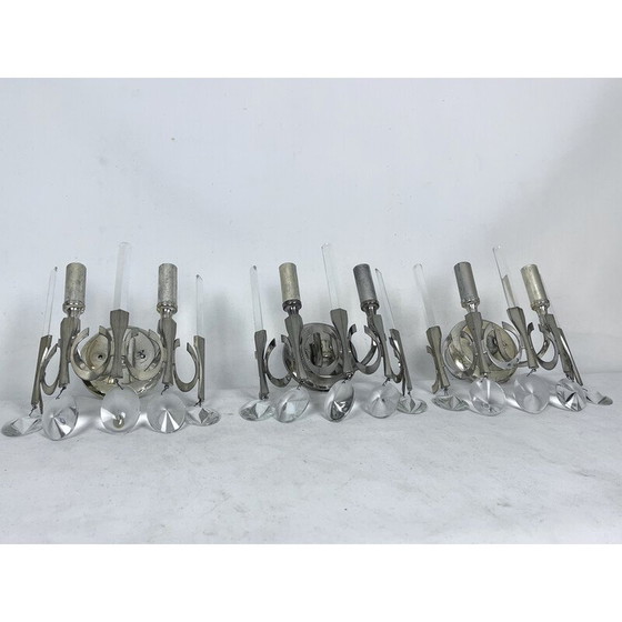 Image 1 of Set van 3 vintage Ovali wandlampen van messing en glas van Sciolari, Italië 1960