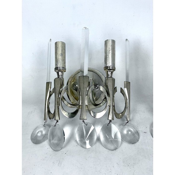 Image 1 of Set van 3 vintage Ovali wandlampen van messing en glas van Sciolari, Italië 1960