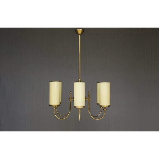 Image 1 of Vintage kroonluchter van messing en opaalglas, Duitsland jaren 1940