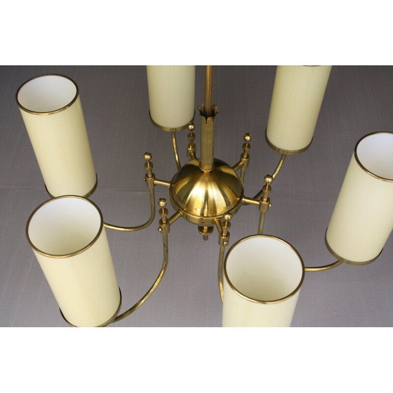 Image 1 of Vintage kroonluchter van messing en opaalglas, Duitsland jaren 1940