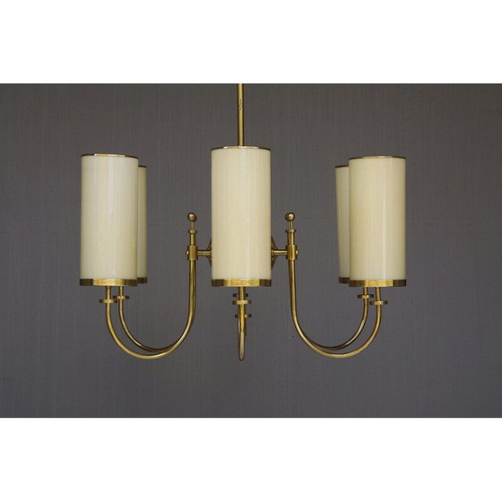 Image 1 of Vintage kroonluchter van messing en opaalglas, Duitsland jaren 1940