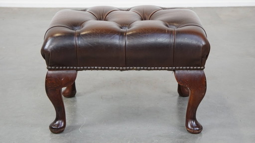 Donkerbruine Rundleren Chesterfield Hocker