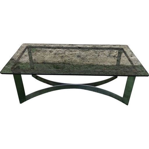 Vintage salontafel in gerookt glas en geborsteld staal van Legeard, 1970