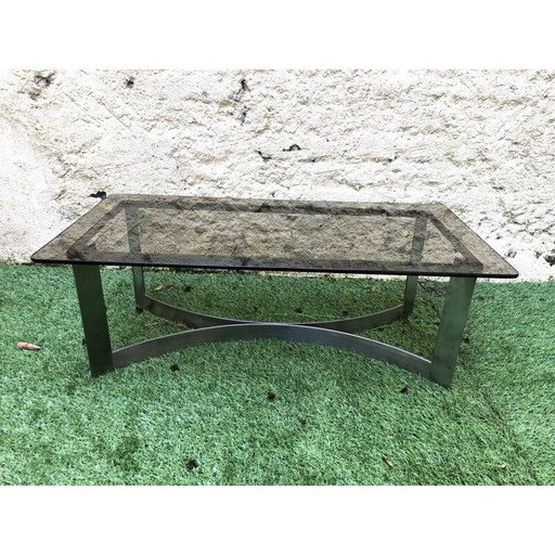 Vintage salontafel in gerookt glas en geborsteld staal van Legeard, 1970