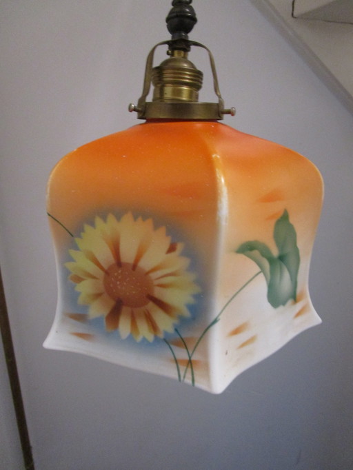 Art Deco Hanglamp Met Glazen Kap Met Natuur-Taferelen, Jaren 30