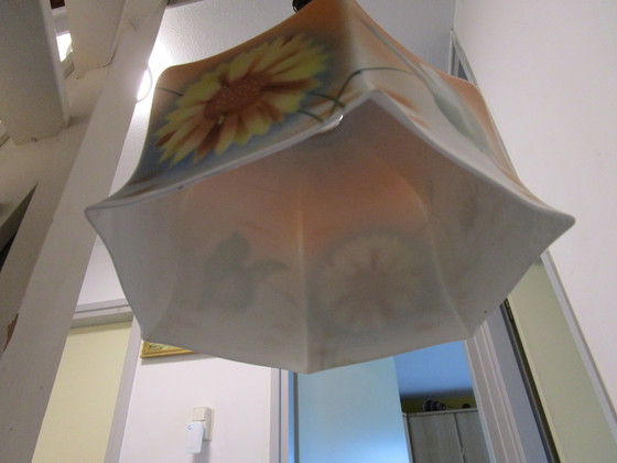 Image 1 of Art Deco Hanglamp Met Glazen Kap Met Natuur-Taferelen, Jaren 30