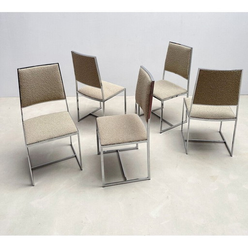Set van 5 mid-century stoelen in chroom en boucle stof, Italië 1970
