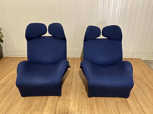 2x Cassina Wink Lounge Fauteuil In Blauw ~ Iconisch Design Van Toshiyuki Kita (1980)