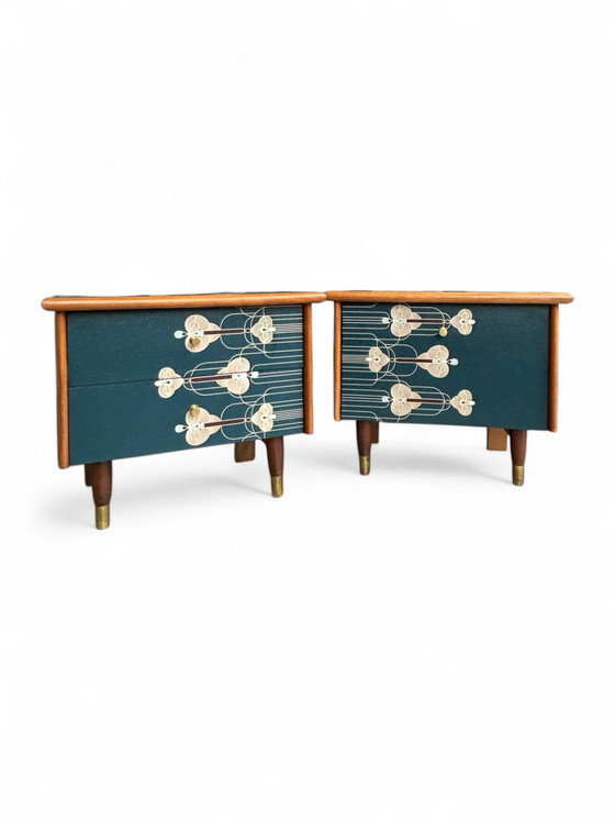 Image 1 of Vintage Nachtkastjes Bekleed Met Art Deco Print In Goud Met Blauw