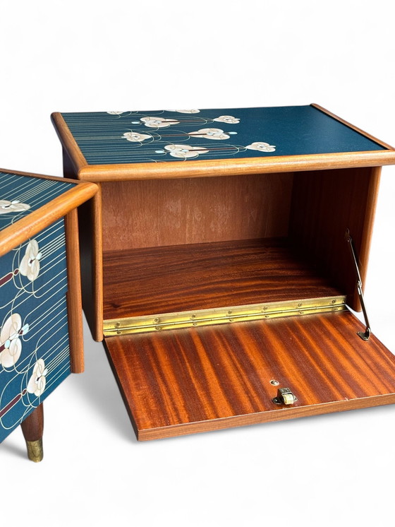 Image 1 of Vintage Nachtkastjes Bekleed Met Art Deco Print In Goud Met Blauw
