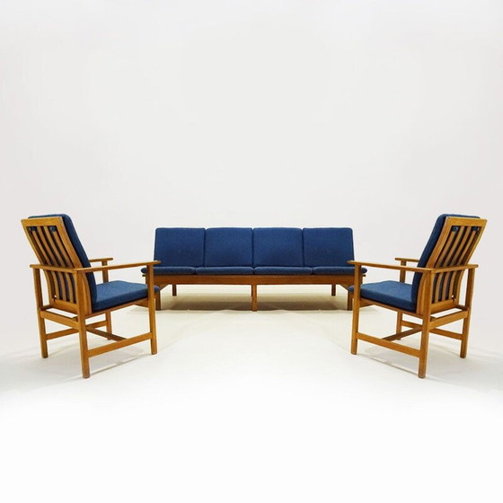 Image 1 of Deense Mid Century Børge Mogensen 4 zits Eiken bank en twee fauteuils