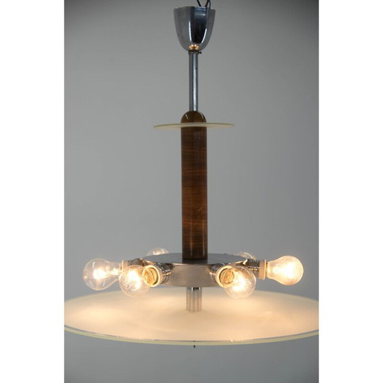 Image 1 of Vintage Art Deco kroonluchter in walnoot, chroom en glas, jaren 1930