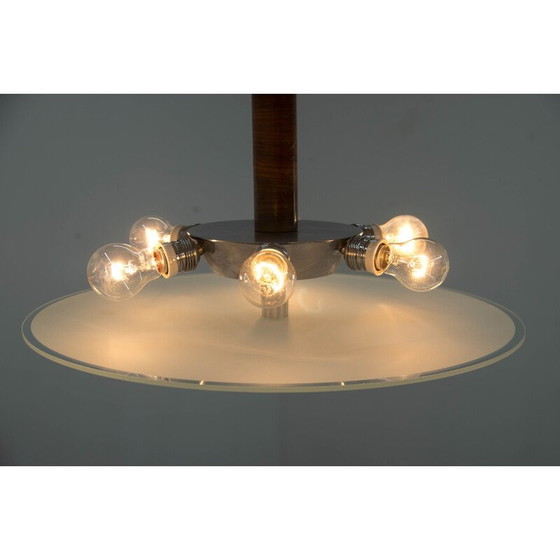 Image 1 of Vintage Art Deco kroonluchter in walnoot, chroom en glas, jaren 1930