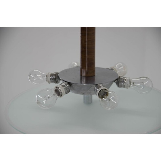 Image 1 of Vintage Art Deco kroonluchter in walnoot, chroom en glas, jaren 1930