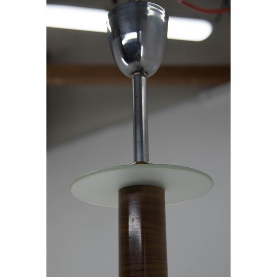 Image 1 of Vintage Art Deco kroonluchter in walnoot, chroom en glas, jaren 1930
