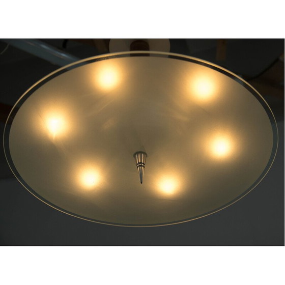 Image 1 of Vintage Art Deco kroonluchter in walnoot, chroom en glas, jaren 1930