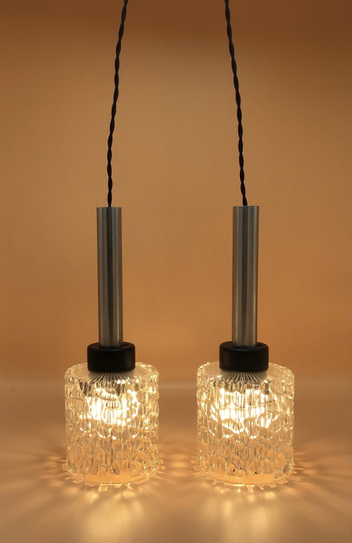 Vintage Jaren ‘60 Design Hanglampen Glas Met Chroom