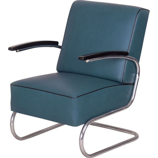 Vintage blauwe fauteuil van Mucke Melder, Tsjechië 1930