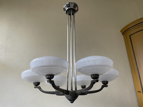 Image 1 of Plafondlamp 6 Arms Verzilverde Pendel Gewolkte Glazen Schalen Jaren 40 Frans