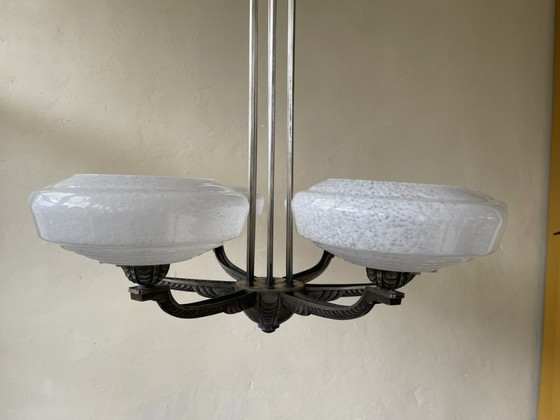 Image 1 of Plafondlamp 6 Arms Verzilverde Pendel Gewolkte Glazen Schalen Jaren 40 Frans