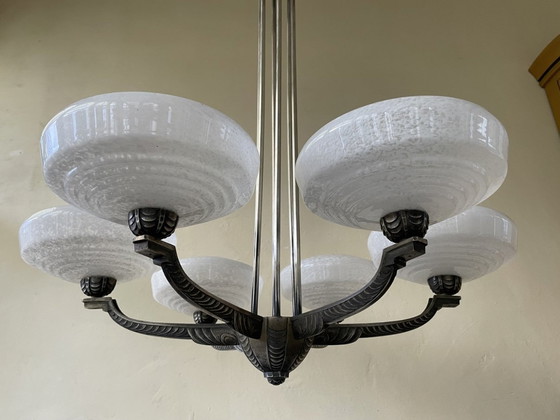 Image 1 of Plafondlamp 6 Arms Verzilverde Pendel Gewolkte Glazen Schalen Jaren 40 Frans