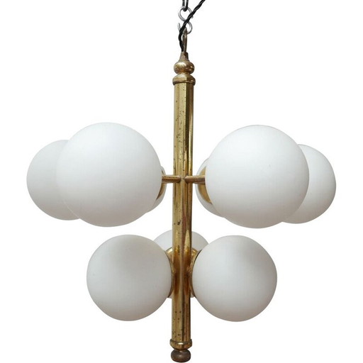 Italiaanse vintage kroonluchter van messing en opalineglas, jaren 1960