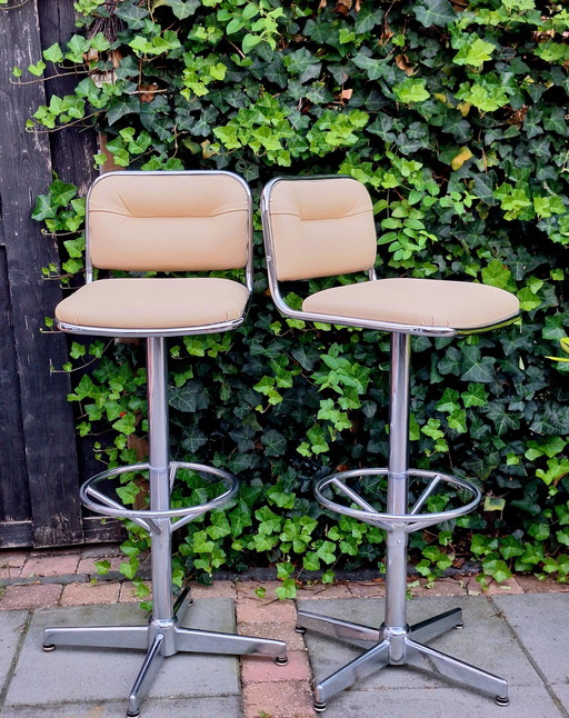 Twee Vintage Barstoelen Met Skai En Chroom, 70S 