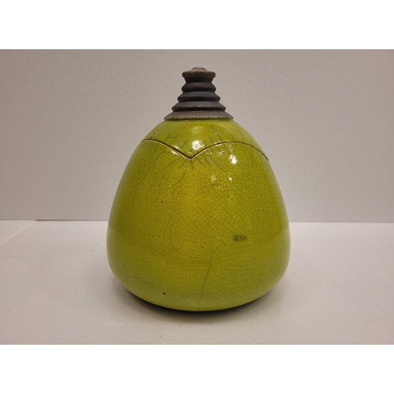 Image 1 of Set van 3 vintage Raku groen geglazuurde keramische vazen door Geneviève Berrin, Frankrijk