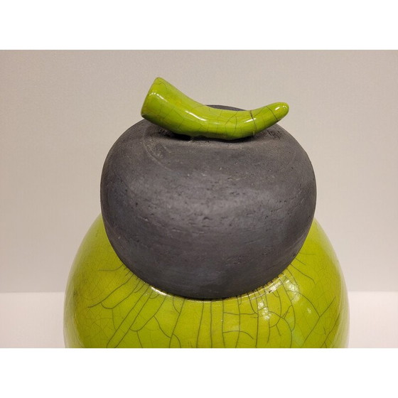 Image 1 of Set van 3 vintage Raku groen geglazuurde keramische vazen door Geneviève Berrin, Frankrijk