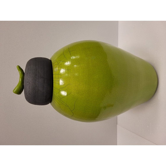 Image 1 of Set van 3 vintage Raku groen geglazuurde keramische vazen door Geneviève Berrin, Frankrijk