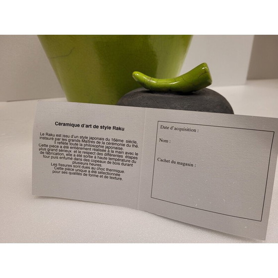 Image 1 of Set van 3 vintage Raku groen geglazuurde keramische vazen door Geneviève Berrin, Frankrijk