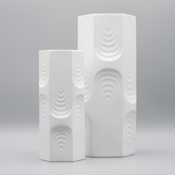 Image 1 of Retro Op Art Design Ak Kaiser Geometrisch reliëf glanzend porseleinen vaas Vintage 70S