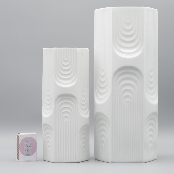 Image 1 of Retro Op Art Design Ak Kaiser Geometrisch reliëf glanzend porseleinen vaas Vintage 70S