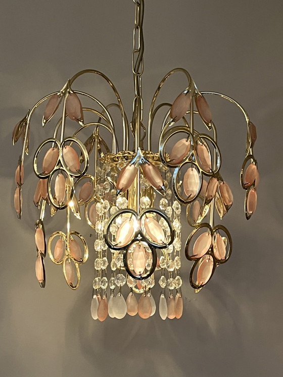 Image 1 of Vintage Roze Goudenregen Kroonluchter Hanglamp Kristal 