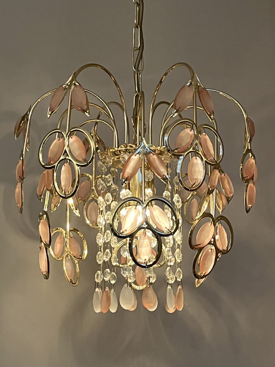 Image 1 of Vintage Roze Goudenregen Kroonluchter Hanglamp Kristal 