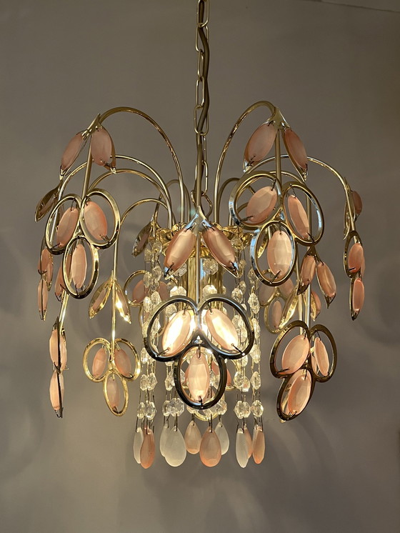 Image 1 of Vintage Roze Goudenregen Kroonluchter Hanglamp Kristal 