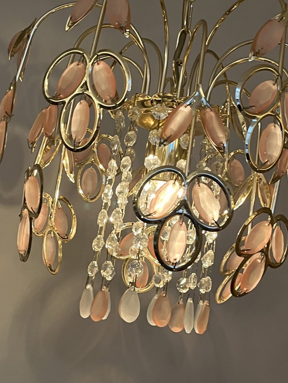 Image 1 of Vintage Roze Goudenregen Kroonluchter Hanglamp Kristal 