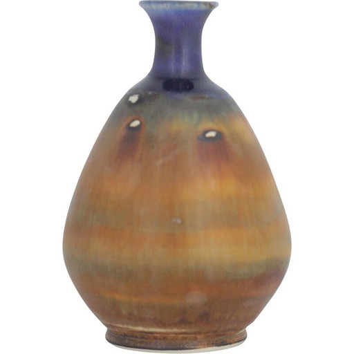 Vintage collectible blauw en bruin steengoed vaas door Gunnar Borg voor Höganäs Keramik, Zweden 1960
