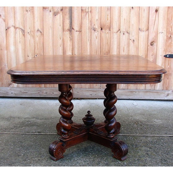 Image 1 of Eikenhouten vintage tafel met gebeeldhouwd onderstel op spiraalvormige kolommen
